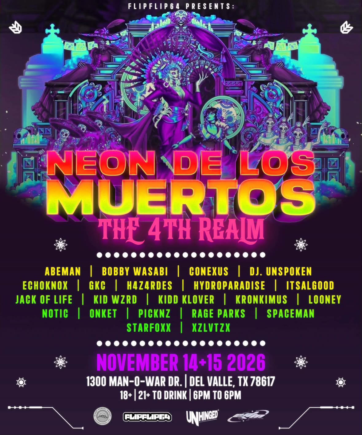NEON DE LOS MUERTOS: THE 4TH REALM — live EDM concert poster at River Forest Haven, Austin TX