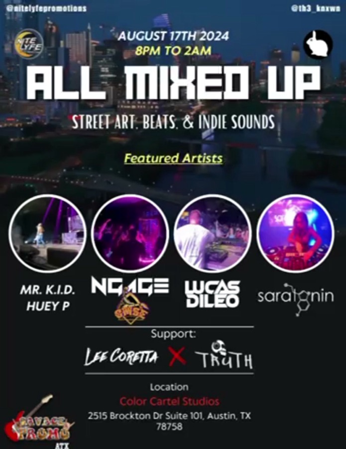 All Mixed Up: Street Art, Beats & Indie Sounds — past event recap poster, Color Cartel Studios, Austin TX